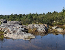 a rock outcrop next to a lake with blue sky and trees in background